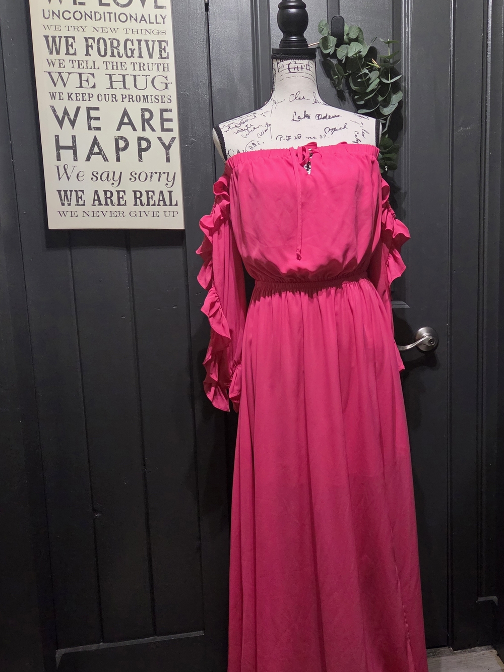 Mazik Romantic Off-Shoulder Ruffle Sleeve Maxi Chiffon Dress